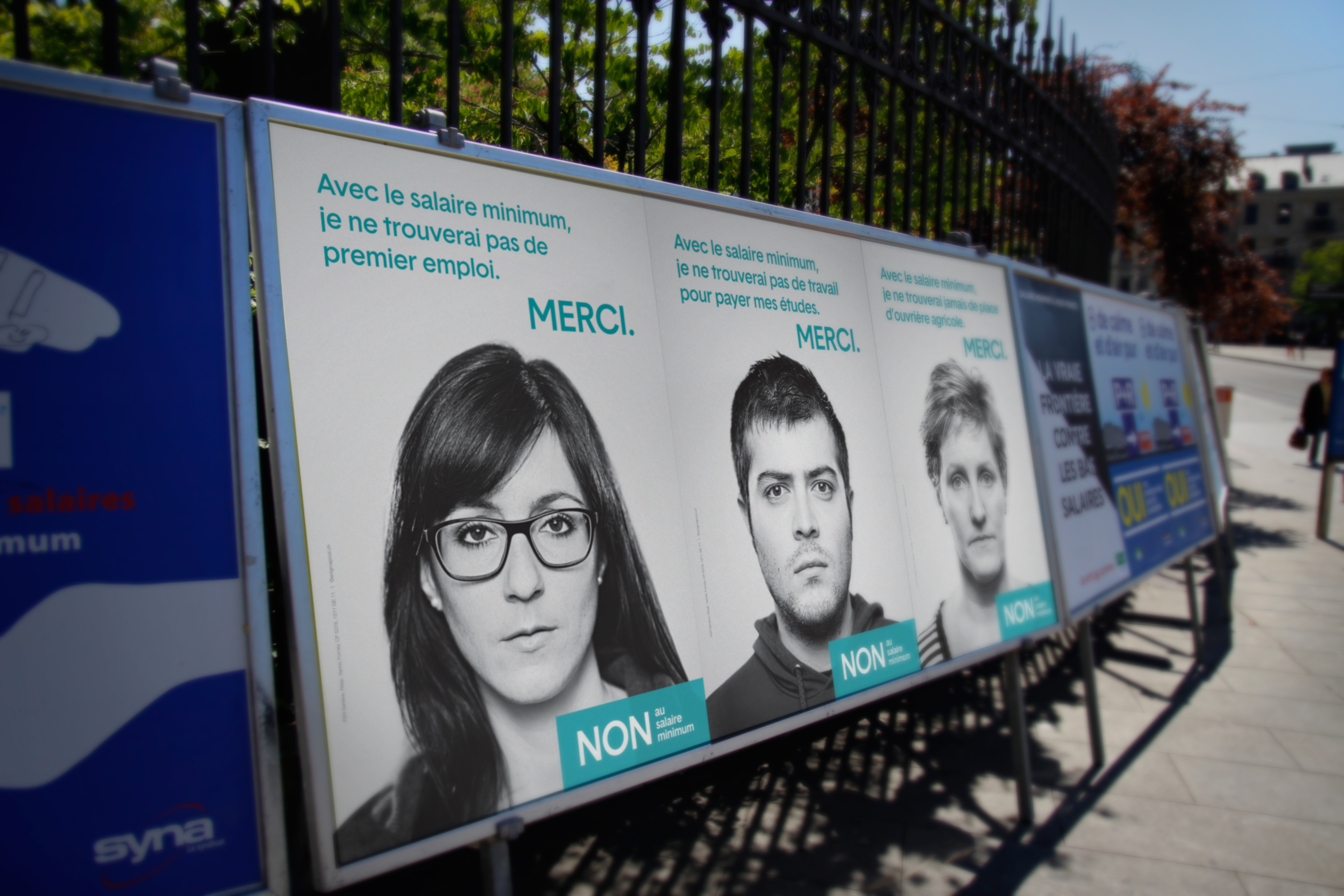 Campagne politique: Non au salaire minimum 2 3 versions des affiches du Non au salaire minimum de la campagne politique par Enigma