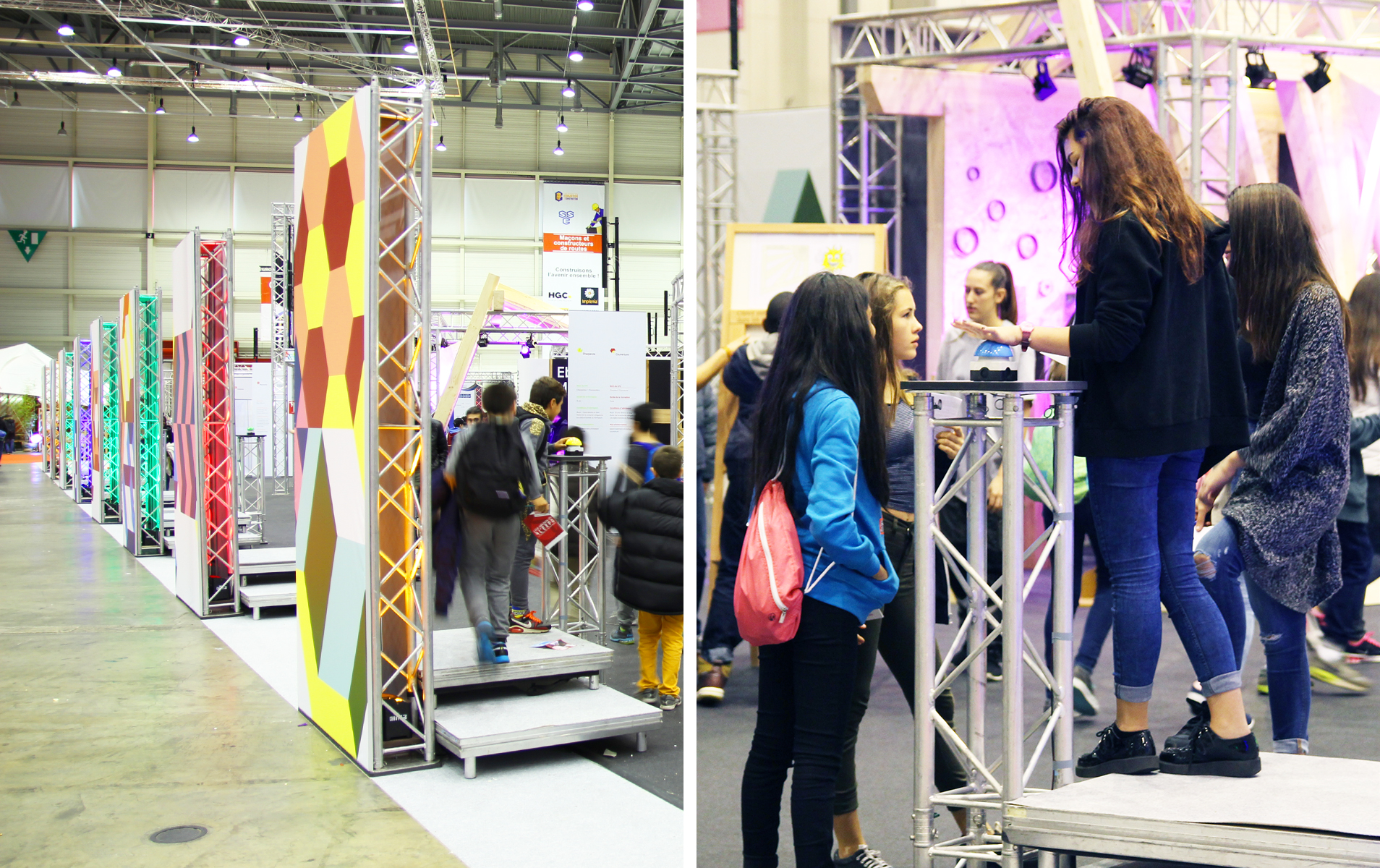 Développement d’un nouveau branding pour Avenir bâtiment 22 Visiteurs se promenant dans le stand Avenir Bâtiment aux couleurs du nouveau branding